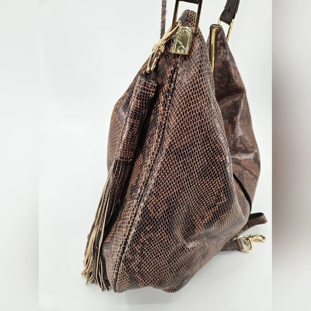 GILI Got To Love It Large LEATHER Emb SNAKE Choc Brown TASSEL Hobo Bag PURSE